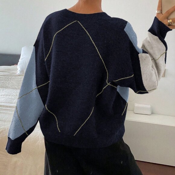 Navy Blue Casual Women's Plaid Loose Fit Long Sleeve Crew Neck Sweater - Picture 2 of 6